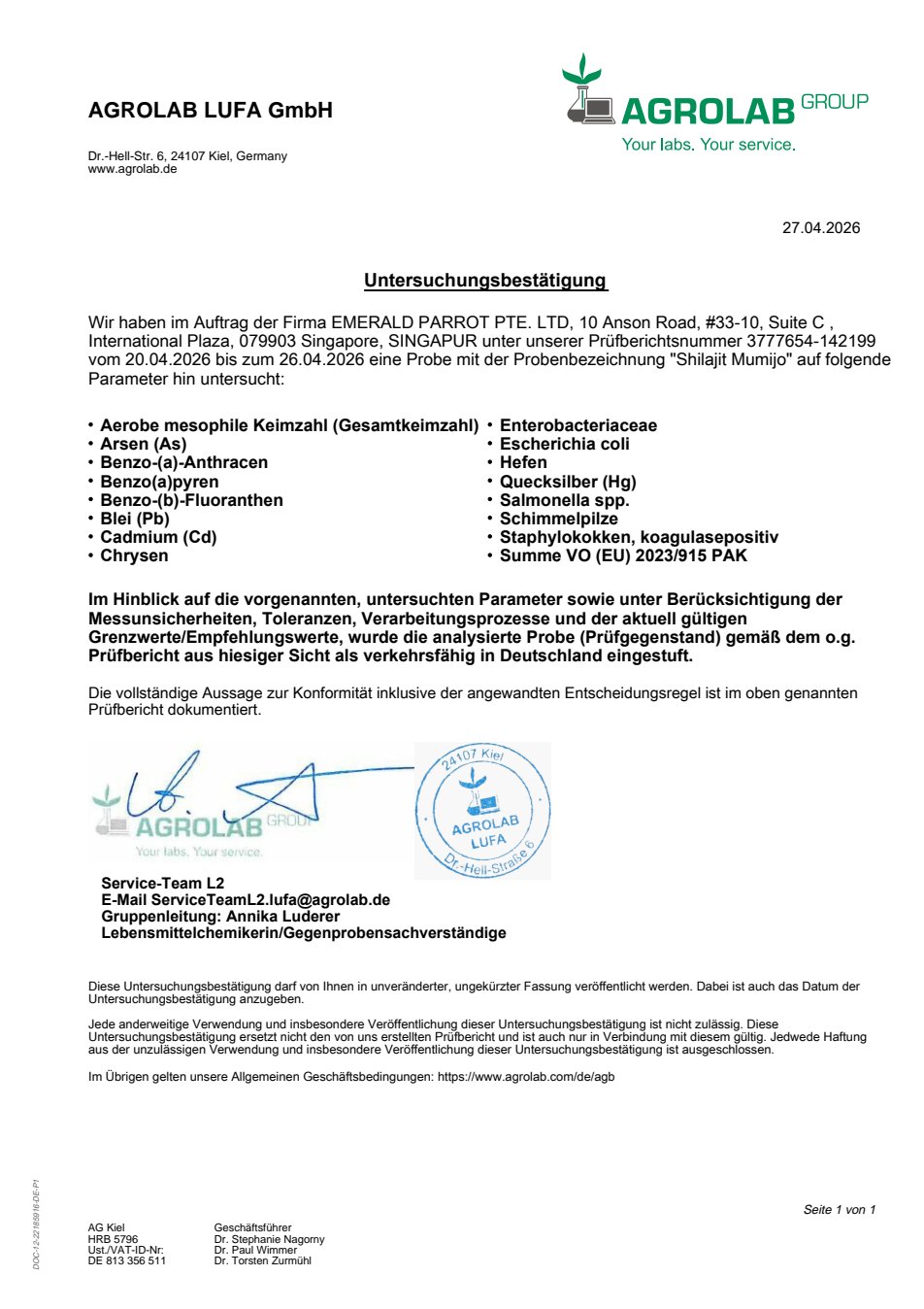 Untersuchungsbestätigung von AGROLAB LUFA, Kiel — Charge NK-3-1